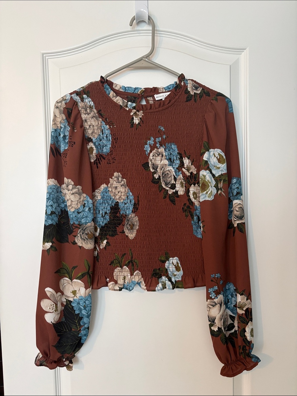 MAISON D’AMÉLIE Paris smocked long sleeve brown and blue floral blouse